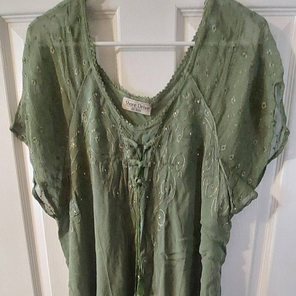 Sage Green Boho short sleeve Embroidered Front tie blouse Plus Size 3X